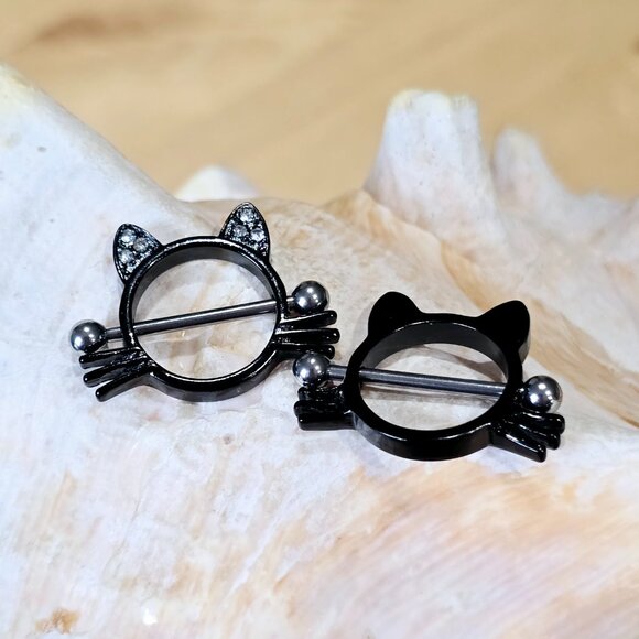 14G Black Cat Surgical Steel Clear CZ Gem Nipple Shield piercing jewelry - Picture 4 of 5